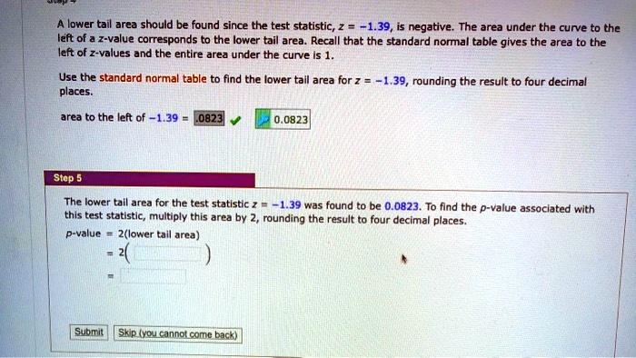 A lower tail area should be found since the test statistic, z = -1.39, is negative. The area under the curve to the left of a z-value corresponds to the lower tail area. Recall that the standard normal table gives the area to the left of z-values and the entire area under the curve is 1.

Use the standard normal table to find the lower tail area for z = -1.39, rounding the result to four decimal places.

area to the left of -1.39 = .0823 0.0823

Step 5
The lower tail area for the test statistic z = -1.39 was found to be 0.0823. To find the p-value associated with this test statistic, multiply this area by 2, rounding the result to four decimal places.
p-value = 2(lower tail area)
= 2( )
=