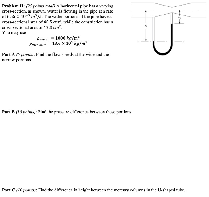 Problem II: (25 points total) A horizontal pipe has a varying cross-section, as shown. Water is flowing in the pipe at a rate of 6.55 × 10?³ m³/s. The wider portions of the pipe have a cross-sectional area of 40.5 cm², while the constriction has a cross-sectional area of 12.3 cm².
You may use
?water = 1000 kg/m³
?mercury = 13.6 × 10³ kg/m³

Part A (5 points): Find the flow speeds at the wide and the narrow portions.

Part B (10 points): Find the pressure difference between these portions.

Part C (10 points): Find the difference in height between the mercury columns in the U-shaped tube. .