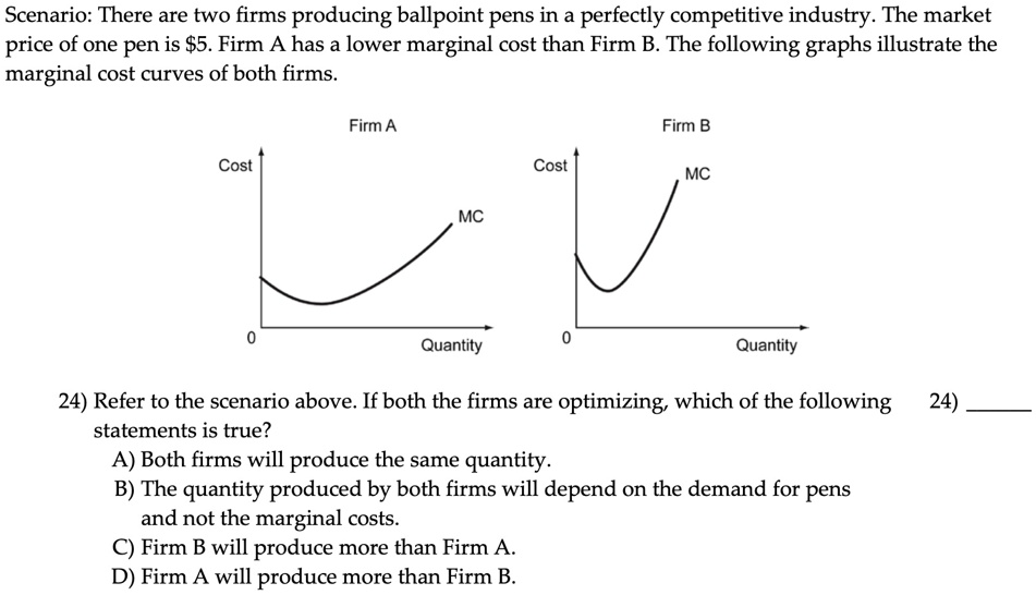 Scenario: There are two firms producing ballpoint pens in a perfectly competitive industry. The market price of one pen is 5. Firm A has a lower marginal cost than Firm B. The following graphs illustrate the marginal cost curves of both firms.

Firm A
Cost
MC
0
Quantity

Firm B
Cost
MC
0
Quantity

24) Refer to the scenario above. If both the firms are optimizing, which of the following statements is true?
A) Both firms will produce the same quantity.
B) The quantity produced by both firms will depend on the demand for pens and not the marginal costs.
C) Firm B will produce more than Firm A.
D) Firm A will produce more than Firm B.
