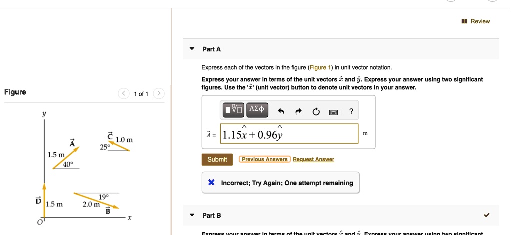 SOLVED: Review Part A Express each of the vectors in the figure (Figure 1)  in unit vector notation: Express your answer in terms of the unit vectors  and j Express your answer