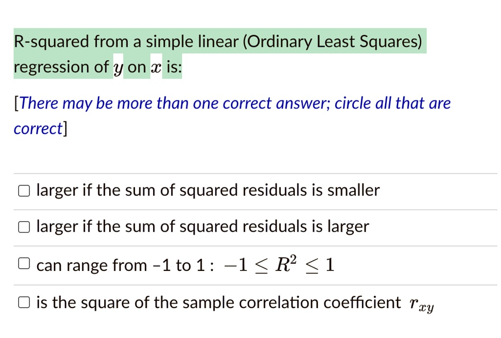 R-squared from a simple linear (Ordinary Least Squares) regression of y ...