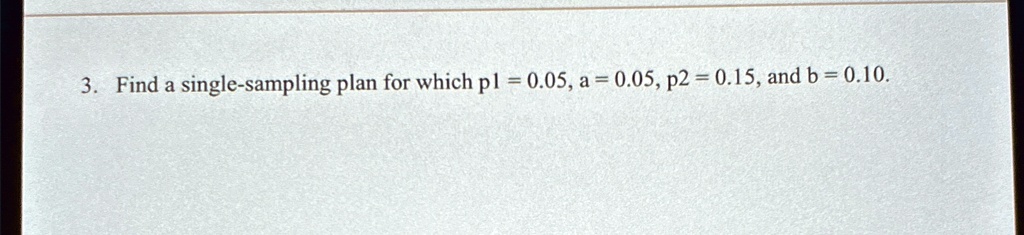 3. Find a single-sampling plan for which p1 = 0.05, a = 0.05, p2 = 0.15, and b = 0.10.