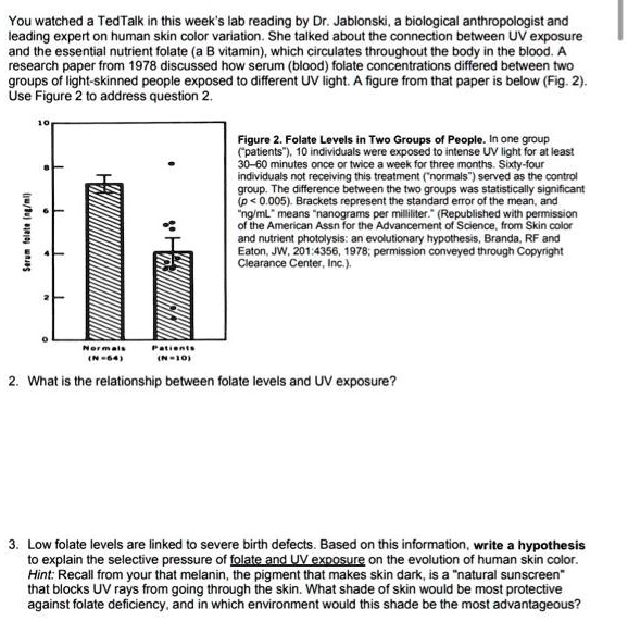 You watched a TedTalk in this week's lab reading by Dr. Jablonski, a biological anthropologist and leading expert on human skin color variation. She talked about the connection between UV exposure and the essential nutrient folate (a B vitamin), which circulates throughout the body in the blood. A research paper from 1978 discussed how serum (blood) folate concentrations differed between two groups of light-skinned people exposed to different UV light. A figure from that paper is below (Fig. 2). Use Figure 2 to address question 2.

Figure 2. Folate Levels in Two Groups of People. In one group ("patients"), 10 individuals were exposed to intense UV light for at least 30-60 minutes once or twice a week for three months. Sixty-four individuals not receiving this treatment ("normals") served as the control group. The difference between the two groups was statistically significant (p < 0.005). Brackets represent the standard error of the mean, and "ng/mL" means "nanograms per milliliter." (Republished with permission of the American Assn for the Advancement of Science, from Skin color and nutrient photolysis: an evolutionary hypothesis, Branda, RF and Eaton, JW, 201:4356, 1978; permission conveyed through Copyright Clearance Center, Inc.).

2. What is the relationship between folate levels and UV exposure?

3. Low folate levels are linked to severe birth defects. Based on this information, write a hypothesis to explain the selective pressure of folate and UV exposure on the evolution of human skin color. Hint: Recall from your that melanin, the pigment that makes skin dark, is a "natural sunscreen" that blocks UV rays from going through the skin. What shade of skin would be most protective against folate deficiency, and in which environment would this shade be the most advantageous?