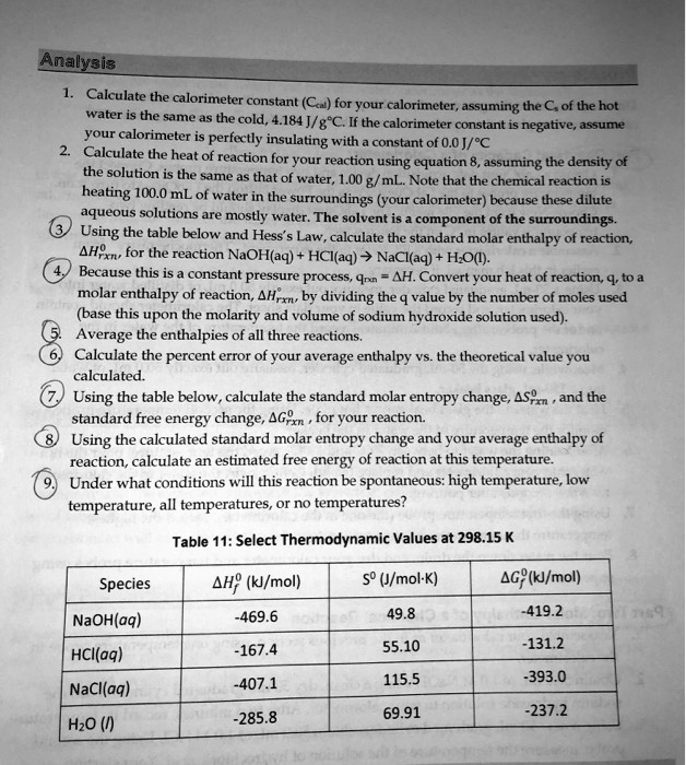SOLVEDAnalyeis Calculate the calorimeter constant (C) for your