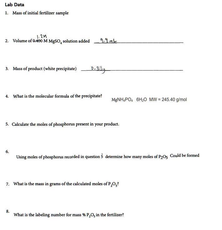 SOLVED: Lab Data Mass of initial fertilizer sample 2A Volume of 0.480 M ...