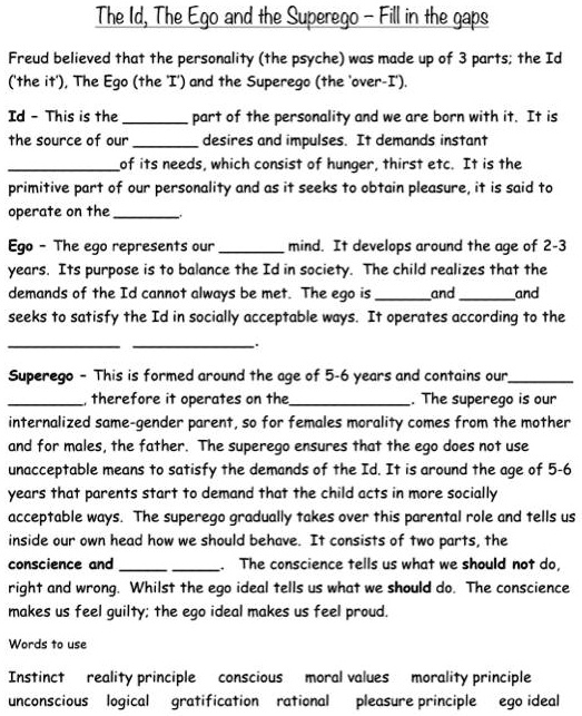 SOLVED The Id The Ego and the Superego Fill in the gaps Freud