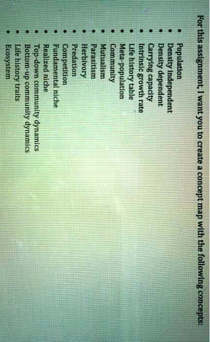For this assignment, I want you to create a concept map with the following concepts:
Population
Density independent
Density dependent
Carrying capacity
Intrinsic growth rate
Life history table
Meta-population
Community
Mutualism
Parasitism
Herbivory
Predation
Competition
Fundamental niche
Realized niche
Top-down community dynamics
Bottom-up community dynamics
Life history traits
Ecosystem