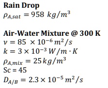 Rain Drop
ρA,sat = 958  kg/m^3
Air-Water Mixture @ 300 K
ν = 85 × 10^-6 m^2/s
k = 3 × 10^-3 W/m· K
ρA,mix = 25 kg/m^3
Sc = 45
DA/B = 2.3 × 10^-5 m^2/s