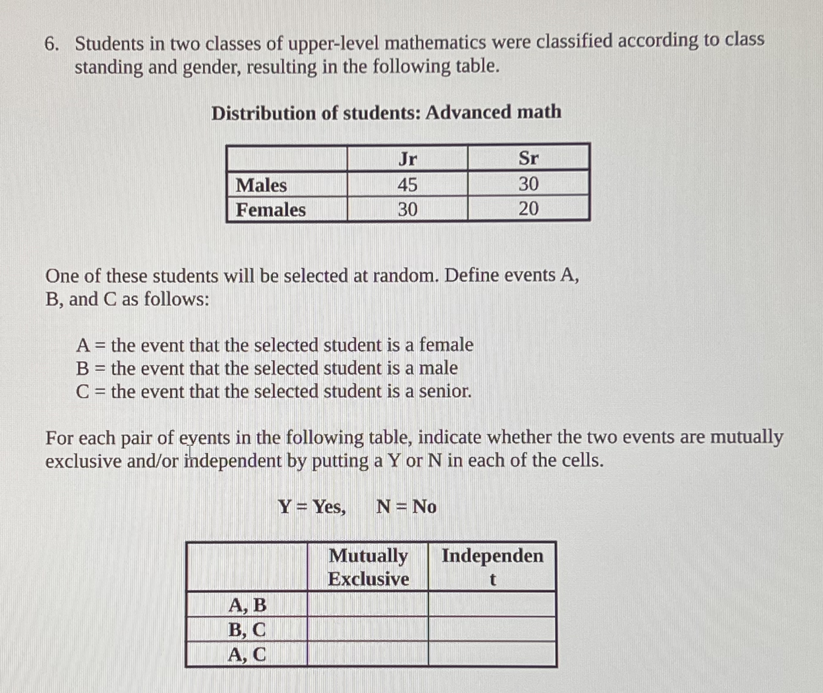 6. Students in two classes of upper-level mathematics were...