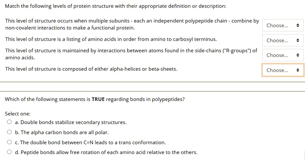Match the following levels of protein structure with their appropriate definition or description:

This level of structure occurs when multiple subunits - each an independent polypeptide chain - combine by non-covalent interactions to make a functional protein. Choose...

This level of structure is a listing of amino acids in order from amino to carboxyl terminus. Choose...

This level of structure is maintained by interactions between atoms found in the side-chains ("R-groups") of amino acids. Choose...

This level of structure is composed of either alpha-helices or beta-sheets. Choose...

Which of the following statements is TRUE regarding bonds in polypeptides?

Select one:
a. Double bonds stabilize secondary structures.
b. The alpha carbon bonds are all polar.
c. The double bond between C=N leads to a trans conformation.
d. Peptide bonds allow free rotation of each amino acid relative to the others.
