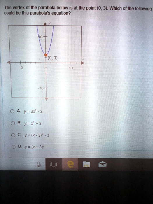 Solved The Vertex Of The Parabola Below Is At The Point 0 3 Which Of The Following Could Be This Parabola S Equation 0 A Y 3x 3 0 B Y X 3