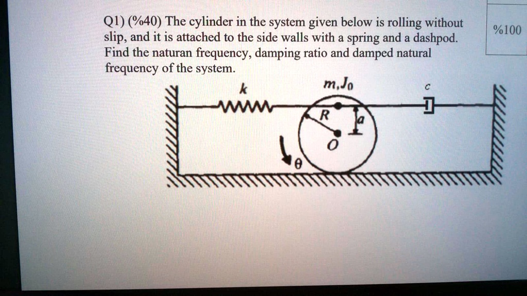 Q1) (%40) The cylinder in the system given below is rolling without slip, and it is attached to the side walls with a spring and a dashpod. Find the naturan frequency, damping ratio and damped natural frequency of the system.