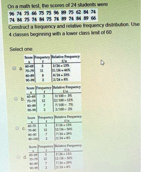 On a math test, the scores of 24 students were 96 74 75 66 75 75 96 89 75 62 84 74 74 84 75 74 84 75 74 89 74 84 89 66 Construct a frequency and relative frequency distribution. Use 4 classes beginning with a lower class limit of 60. Select one: a. Score x 60-69 70-79 80-89 90-99 Frequency f 3 11 8 2 Relative Frequency f/n 3/24 ? 13% 11/24 ? 46% 8/24 ? 33% 2/24 ? 8% b. Score x 60-69 70-79 80-89 90-99 Frequency f 3 12 7 2 Relative Frequency f/n 3/100 = 3% 12/100 = 12% 7/100 = 7% 2/100 = 2% c. Score x 60-70 70-80 80-90 90-100 Frequency f 3 12 7 2 Relative Frequency f/n 3/24 ? 13% 12/24 = 50% 7/24 ? 29% 2/24 ? 8% d. Score x 60-69 70-79 80-89 90-99 Frequency f 3 12 7 2 Relative Frequency f/n 3/24 ? 13% 12/24 = 50% 7/24 ? 29% 2/24 ? 8%