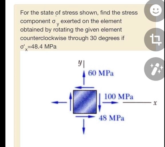 For the state of stress shown, find the stress component ??y exerted on the element obtained by rotating the given element counterclockwise through 30 degrees if ?'x=48.4 MPa