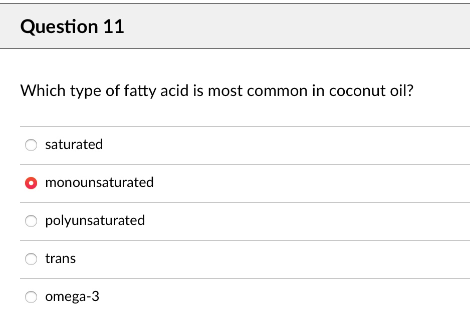SOLVED Question 11 Which type of fatty acid is most common in coconut