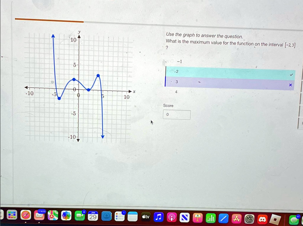 Use the graph to answer the question.
What is the maximum value for the function on the interval [-2,3]
?