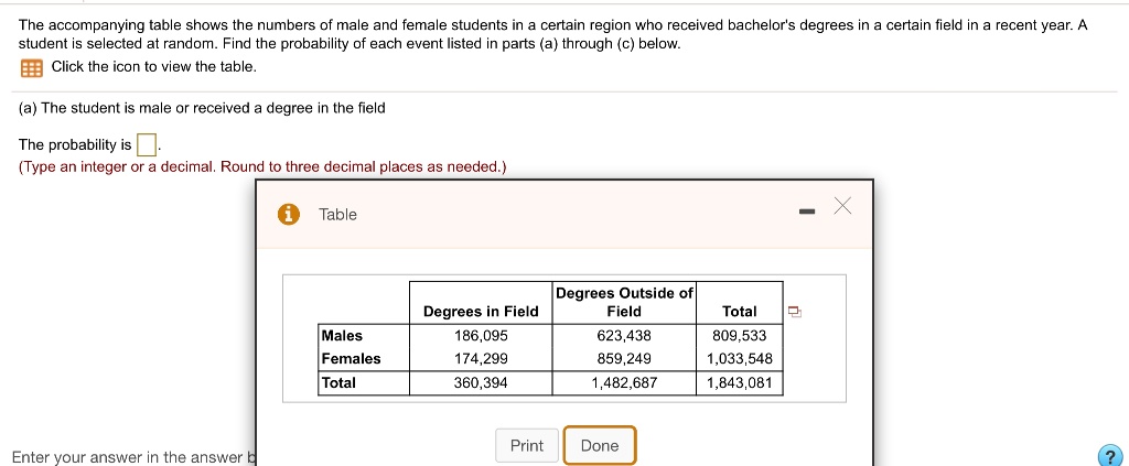 The accompanying table shows the numbers of male and female students in a certain region who received bachelor's degrees in a certain field in a recent year. A student is selected at random. Find the probability of each event listed in parts (a) through (c) below.

(a) The student is male or received a degree in the field

The probability is 
(Type an integer or a decimal. Round to three decimal places as needed.)

Degrees in Field | Degrees Outside of Field | Total
Males | 186,095 | 623,438 | 809,533
Females | 174,299 | 859,249 | 1,033,548
Total | 360,394 | 1,482,687 | 1,843,081