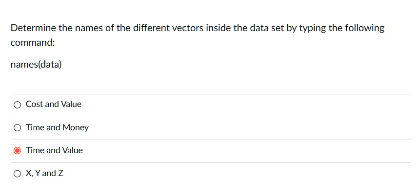 Determine the names of the different vectors inside the data set by ...