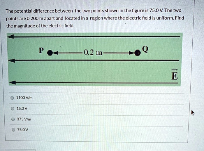 The potential difference between the two points shown in the figure is 75.0 V. The two points are 0.200 m apart and located in a region where the electric field is uniform. Find the magnitude of the electric field.
1100 V/m
15.0 V
375 V/m
75.0 V
