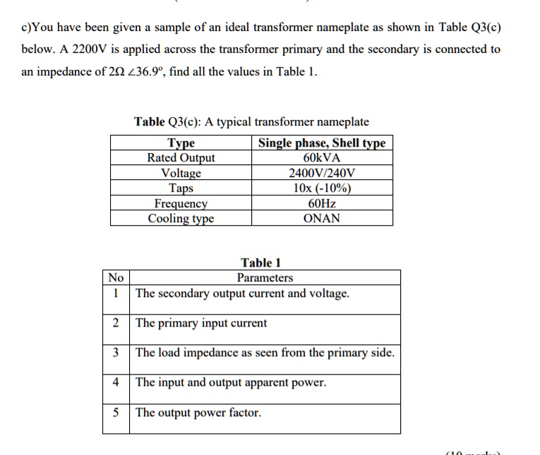 SOLVED: You have been given a sample of an ideal transformer nameplate ...