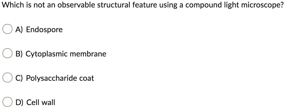 Which is not an observable structural feature using a compound light microscope?
A) Endospore
B) Cytoplasmic membrane
C) Polysaccharide coat
D) Cell wall