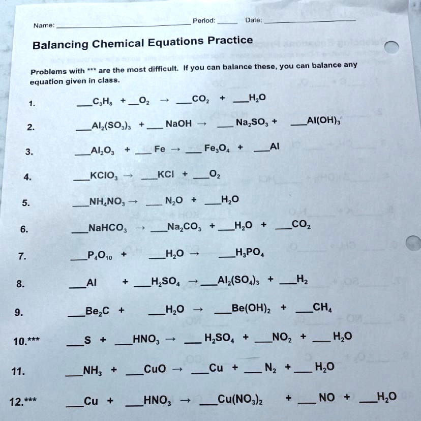 Please help answer these period Date Name Balancing Chemical