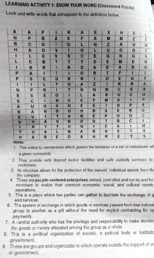 SOLVED "Learning activity 1 Know your word (crossword puzzle) Look