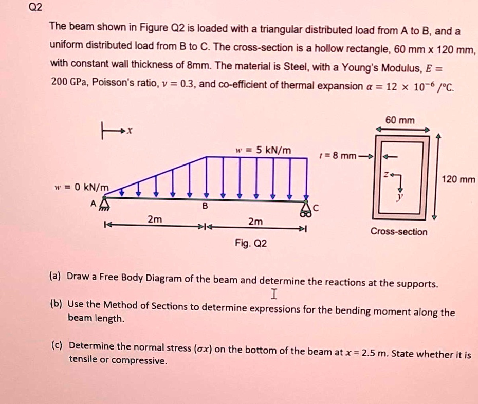 Q2
The beam shown in Figure Q2 is loaded with a triangular distributed load from A to B, and a
uniform distributed load from B to C. The cross-section is a hollow rectangle, 60 mm x 120 mm,
with constant wall thickness of 8mm. The material is Steel, with a Young's Modulus, E =
200 GPa, Poisson's ratio, ν = 0.3, and co-efficient of thermal expansion α = 12 × 10^-6/^∘ C.
x
w = 5  kN/m
t = 8  mm
60 mm
z
y
120 mm
w = 0  kN/m
A
B
C
2m
2m
Cross-section
Fig. Q2
(a) Draw a Free Body Diagram of the beam and determine the reactions at the supports.
I
(b) Use the Method of Sections to determine expressions for the bending moment along the
beam length.
(c) Determine the normal stress () on the bottom of the beam at x = 2.5  m. State whether it is
tensile or compressive.