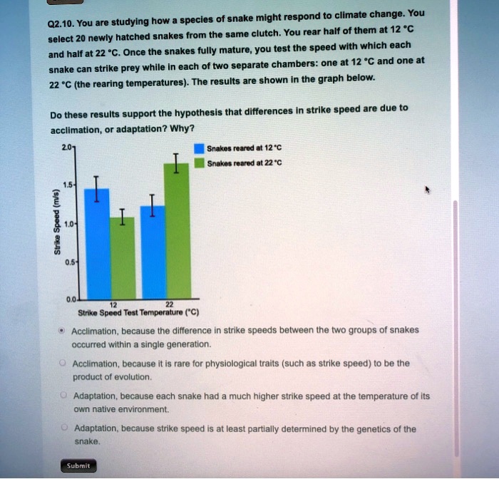 Q2.10. You are studying how a species of snake might respond to climate change. You
select 20 newly hatched snakes from the same clutch. You rear half of them at 12 °C
and half at 22 °C. Once the snakes fully mature, you test the speed with which each
snake can strike prey while in each of two separate chambers: one at 12 °C and one at
22 °C (the rearing temperatures). The results are shown in the graph below.
Do these results support the hypothesis that differences in strike speed are due to
acclimation, or adaptation? Why?
2.01
Snakes reared at 12 °C
Snakes reared at 22 °C
Strike Speed (m/s)
1.5-
1.0-
0.5-
0.0-
12
22
Strike Speed Test Temperature (°C)
- Acclimation, because the difference in strike speeds between the two groups of snakes
occurred within a single generation.
- Acclimation, because it is rare for physiological traits (such as strike speed) to be the
product of evolution.
- Adaptation, because each snake had a much higher strike speed at the temperature of its
own native environment.
- Adaptation, because strike speed is at least partially determined by the genetics of the
snake.
Submit