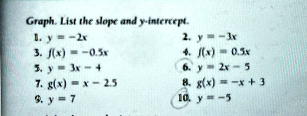 Graph. List the slope and y-intercept.
1. y = -2x
2. y = -3x
3. f(x) = -0.5x
4. f(x) = 0.5x
5. y = 3x - 4
6. y = 2x - 5
7. g(x) = x - 2.5
8. g(x) = -x + 3
9. y = 7
10. y = -5