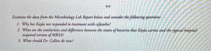 Examine the data from the Microbiology Lab Report below and consider the following questions:
1. Why has Kayla not responded to treatment with cefazolin?
2. What are the similarities and differences between the strain of bacteria that Kayla carries and the typical hospital-
acquired version of MRSA?
3. What should Dr. Collins do now?