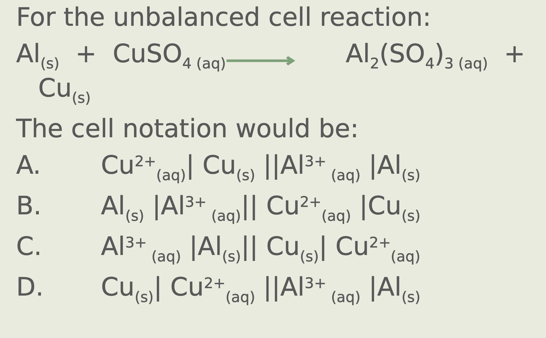 Solved For The Unbalanced Cell Reaction Alscuscuso4aq Al2so43aq The Cell Notation 2946