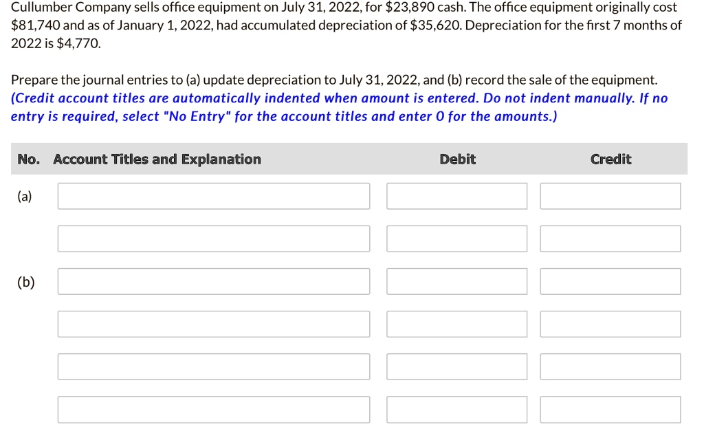 SOLVED: Cullumber Company sells office equipment on July 31,2022,for 23,890   office equipment originally cost81,740 and as of January  1,2022,had accumulated depreciation of 35, for the first 7  months of 2022is4,770. Prepare