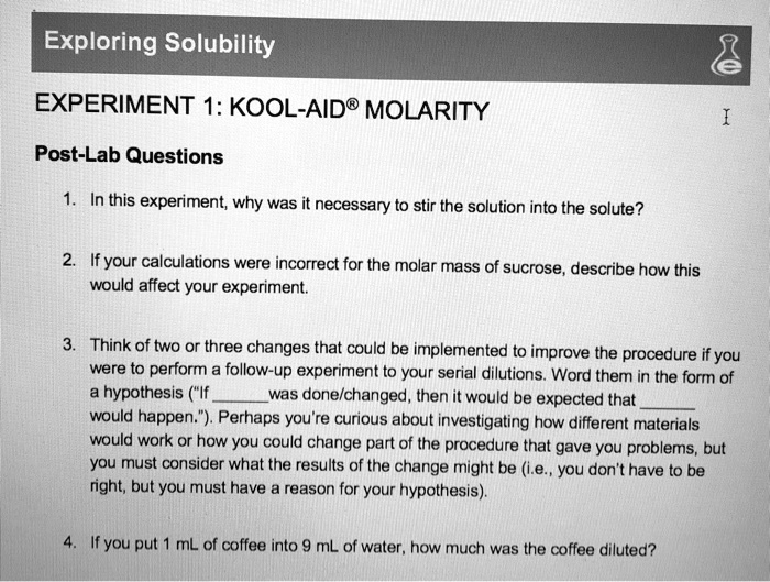SOLVED Text Exploring Solubility EXPERIMENT 1 KOOLAIDÂ® MOLARITY