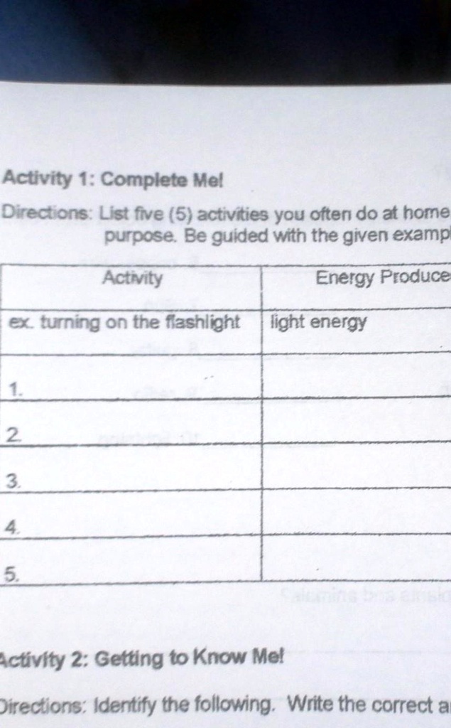 Activity 1: Complete Me!
Directions: List five (5) activities you often do at home and identify their
purpose. Be guided with the given example.
Activity | Energy Produced
ex. turning on the flashlight | light energy
1.
2.
3.
4.
5.
Activity 2: Getting to Know Me!
Directions: Identify the following. Write the correct a