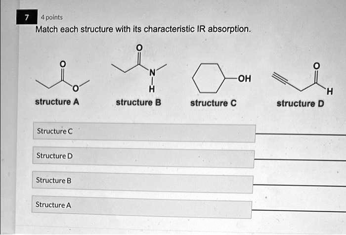 7 4 points Match each structure with its characteristic IR absorption ...