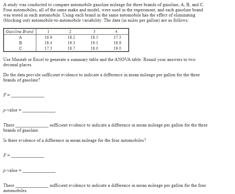 SOLVED: A study was conducted to compare automobile gasoline mileage ...
