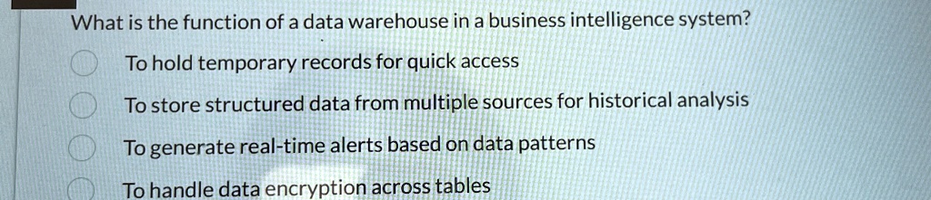 what is the function of a data warehouse in a business intelligence system to hold temporary records for quick access to store structured data from multiple sources for historical analysis t 29808