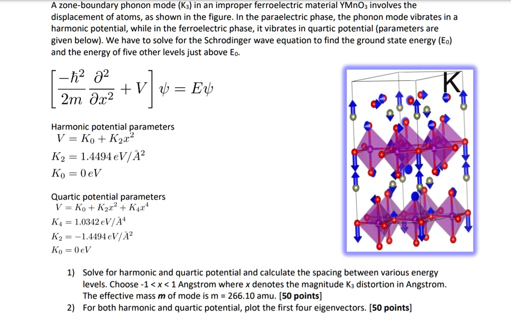 A zone-boundary phonon mode (K3) in an improper ferroelectric material YMnO3 involves the displacement of atoms, as shown in the figure. In the paraelectric phase, the phonon mode vibrates in a harmonic potential, while in the ferroelectric phase, it vibrates in quartic potential (parameters are given below). We have to solve for the Schrodinger wave equation to find the ground state energy (E0) and the energy of five other levels just above E0.

[-?²/2m ?²/?x² + V] ? = E?

Harmonic potential parameters
V = K0 + K2x²
K2 = 1.4494 eV/Å²
K0 = 0 eV

Quartic potential parameters
V = K0 + K2x² + K4x?
K4 = 1.0342 eV/Å?
K2 = -1.4494 eV/Å²
K0 = 0 eV

1) Solve for harmonic and quartic potential and calculate the spacing between various energy levels. Choose -1 < x < 1 Angstrom where x denotes the magnitude K3 distortion in Angstrom. The effective mass m of mode is m = 266.10 amu. [50 points]
2) For both harmonic and quartic potential, plot the first four eigenvectors. [50 points]