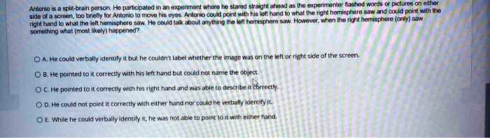 Antonio is a split-brain person. He participated in an experiment where he stared straight ahead as the experimenter flashed words or pictures on either
side of a screen, too briefly for Antonio to move his eyes. Antonio could point with his left hand to what the right hemisphere saw and could point with the
right hand to what the left hemisphere saw. He could talk about anything the left hemisphere saw. However, when the right hemisphere (only) saw
something what (most likely) happened?
A. He could verbally identify it but he couldn't label whether the image was on the left or right side of the screen.
B. He pointed to it correctly with his left hand but could not name the object.
C. He pointed to it correctly with his right hand and was able to describe it correctly.
D. He could not point it correctly with either hand nor could he verbally identity it.
E While he could verbally identify it, he was not able to point to it with either hand.