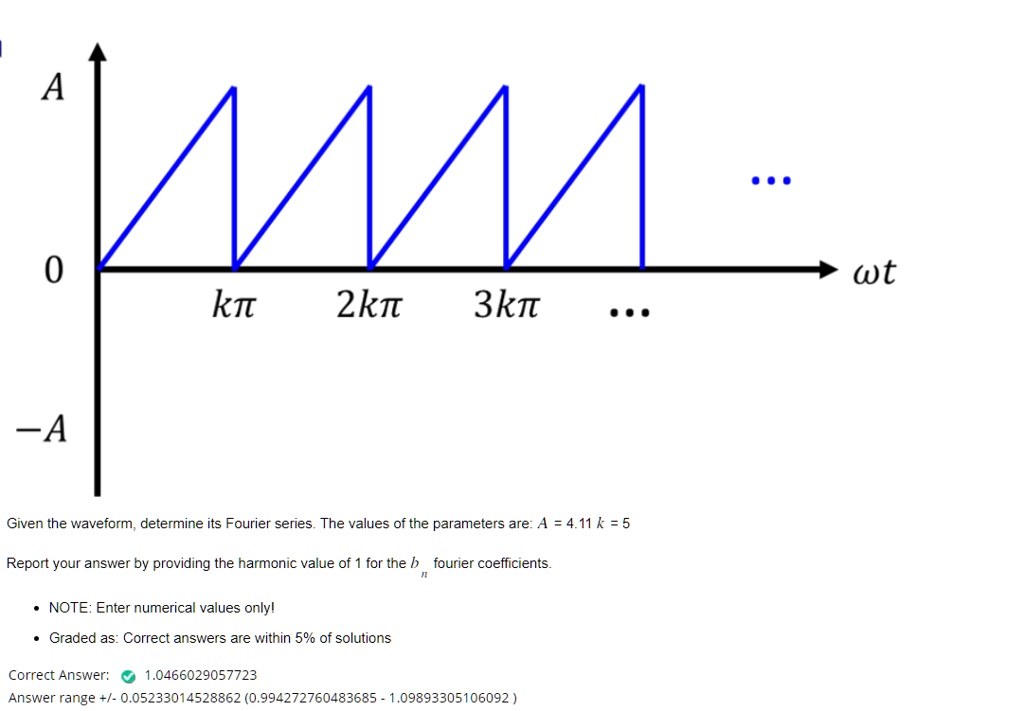 A
0
??
2??
3??
...
-A
Given the waveform, determine its Fourier series. The values of the parameters are: A = 4.11 k = 5
Report your answer by providing the harmonic value of 1 for the bn fourier coefficients.
NOTE: Enter numerical values only!
Graded as: Correct answers are within 5% of solutions
Correct Answer: 
1.0466029057723
Answer range +/- 0.05233014528862 (0.994272760483685 - 1.09893305106092)
...
?t