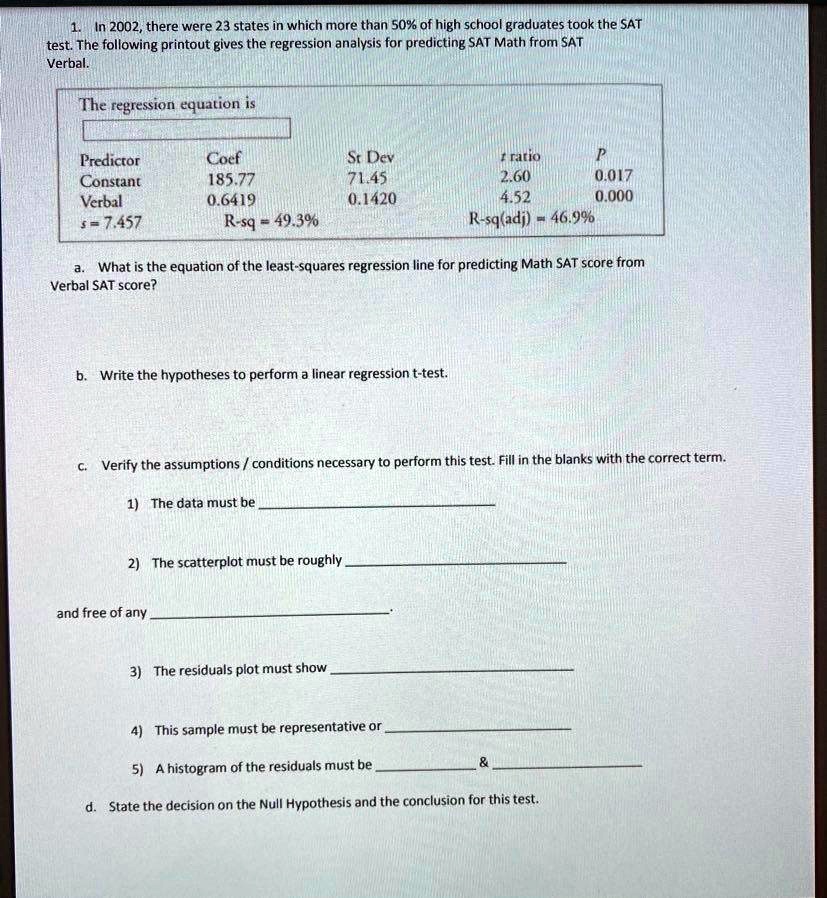 1. In 2002, there were 23 states in which more than 50% of high school graduates took the SAT test. The following printout gives the regression analysis for predicting SAT Math from SAT Verbal.

The regression equation is

Predictor Coef St Dev t ratio P
Constant 185.77 71.45 2.60 0.017
Verbal 0.6419 0.1420 4.52 0.000
s = 7.457 R-sq = 49.3% R-sq(adj) = 46.9%

a. What is the equation of the least-squares regression line for predicting Math SAT score from Verbal SAT score?

b. Write the hypotheses to perform a linear regression t-test.

c. Verify the assumptions / conditions necessary to perform this test. Fill in the blanks with the correct term.

1) The data must be 

2) The scatterplot must be roughly 

and free of any 

3) The residuals plot must show 

4) This sample must be representative or 

5) A histogram of the residuals must be     

d. State the decision on the Null Hypothesis and the conclusion for this test.