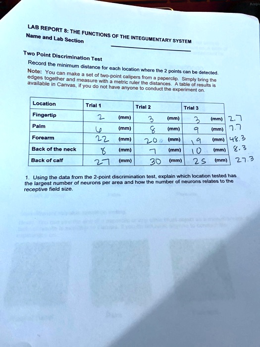 SOLVED: Name and Lab Section: Two-Point Discrimination Test To conduct ...