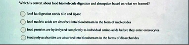 which is correct about food biomolecule digestion and absorption based on what we learned food fat digestion needs bile and lipase food nucleic acids are absorbed into bloodstream in the for 09015