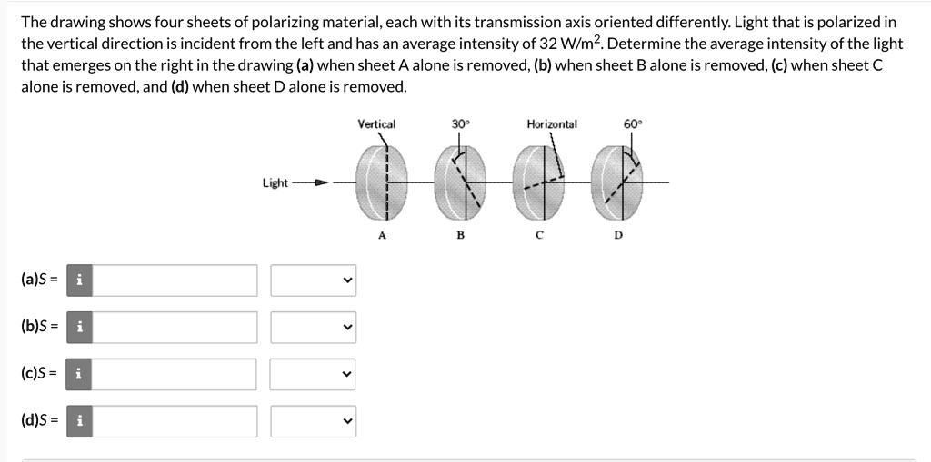 The drawing shows four sheets of polarizing material, each with its transmission axis oriented differently. Light that is polarized in the vertical direction is incident from the left and has an average intensity of 32 W/m². Determine the average intensity of the light that emerges on the right in the drawing (a) when sheet A alone is removed, (b) when sheet B alone is removed, (c) when sheet C alone is removed, and (d) when sheet D alone is removed.

Vertical 30° Horizontal 60°
Light
A B C D

(a) S =
(b) S =
(c) S =
(d) S =