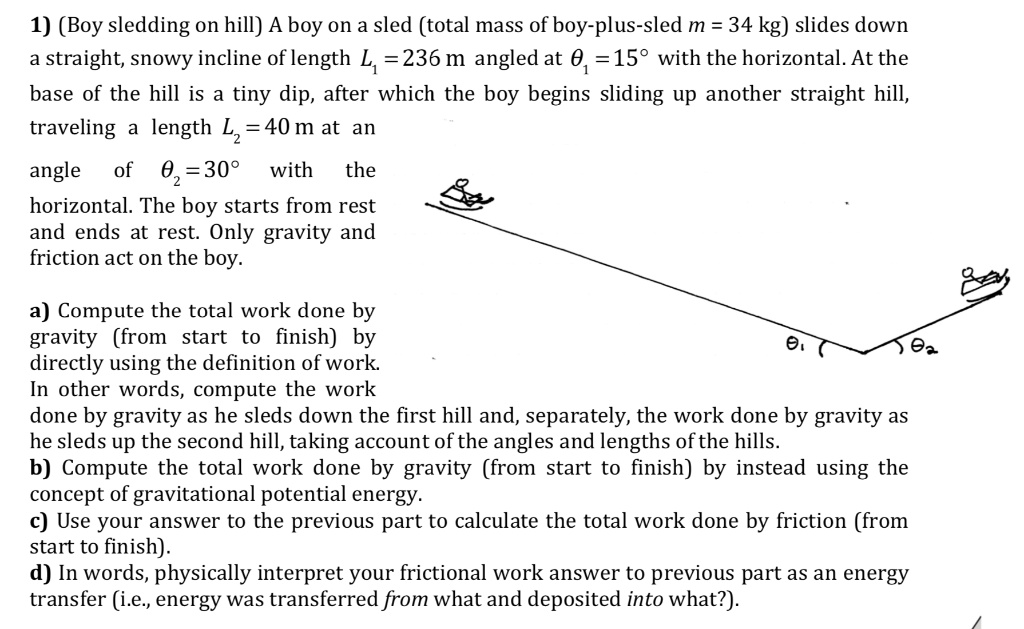 SOLVED (Boy sledding on hill) A boy on a sled (total mass of boyplus