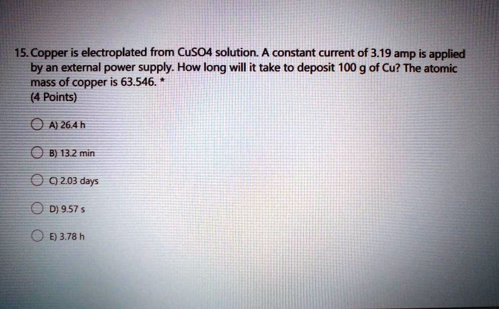 SOLVED Copper is electroplated from CuSO4 solution. A constant current
