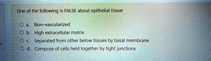 Solved:one Of The Following Is False About Epithelial Tissue  Non-Vascularized High Extracellular Matrix Separated From Other Below  Tissues By Basal Membrane Compose Of Cells Held Together By Tight Junctions Solved:one Of The Following Is False About Epithelial Tissue  Non-Vascularized High Extracellular Matrix Separated From Other Below  Tissues By Basal Membrane Compose Of Cells Held Together By Tight Junctions