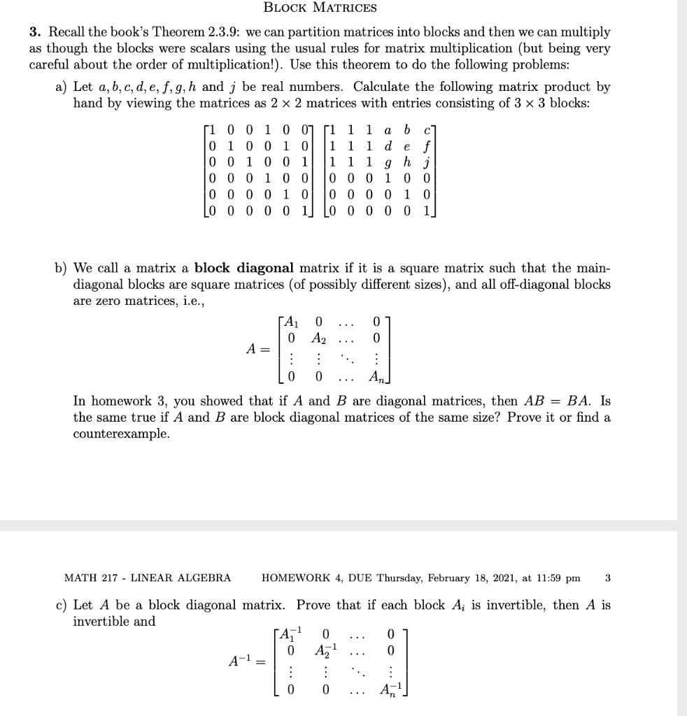 Solved Text Block Matrices Recall The Books Theorem 239 We Can Partition Matrices Into 2089