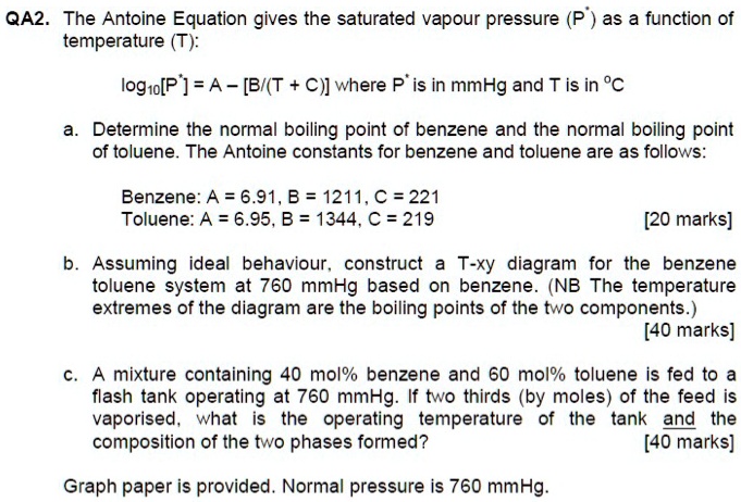 SOLVED: QA2. The Antoine Equation gives the saturated vapor pressure (P ...